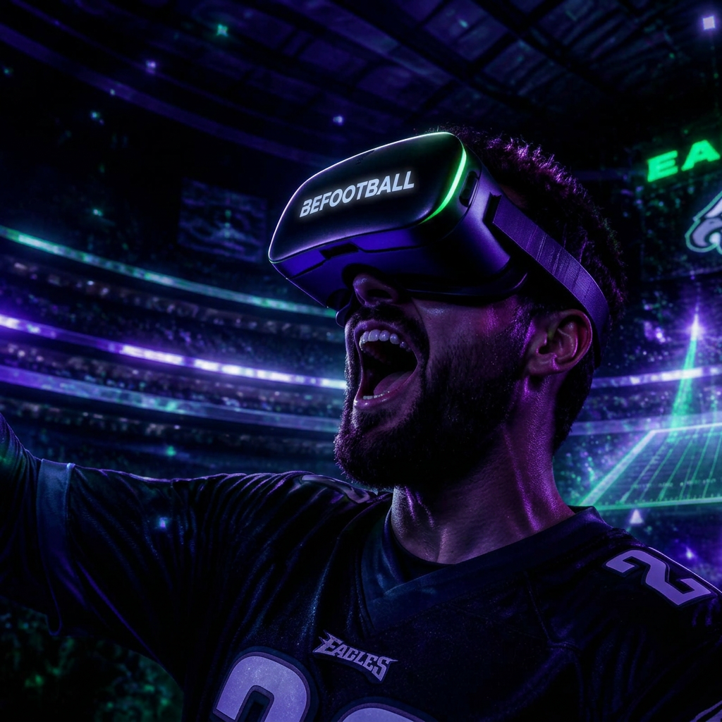 Fan viviendo una experiencia inmersiva de fútbol con headset VR